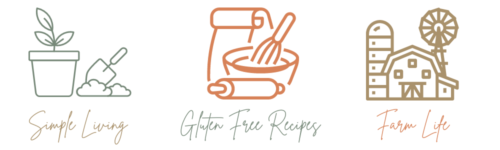 simple living, gluten free recipes, farm life logo with garden plants, cooking supplies, and barn
