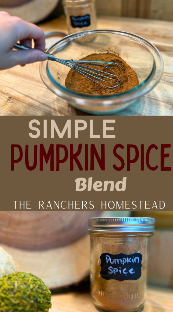 blend of spices in a bowl and jar of pumpkin spice with wood background and words" simple pumpkin spice blend the ranchers homestead" in the center