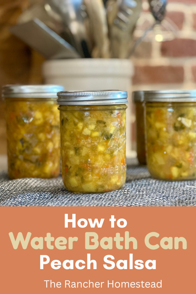 jars of peach salsa with pinterest words